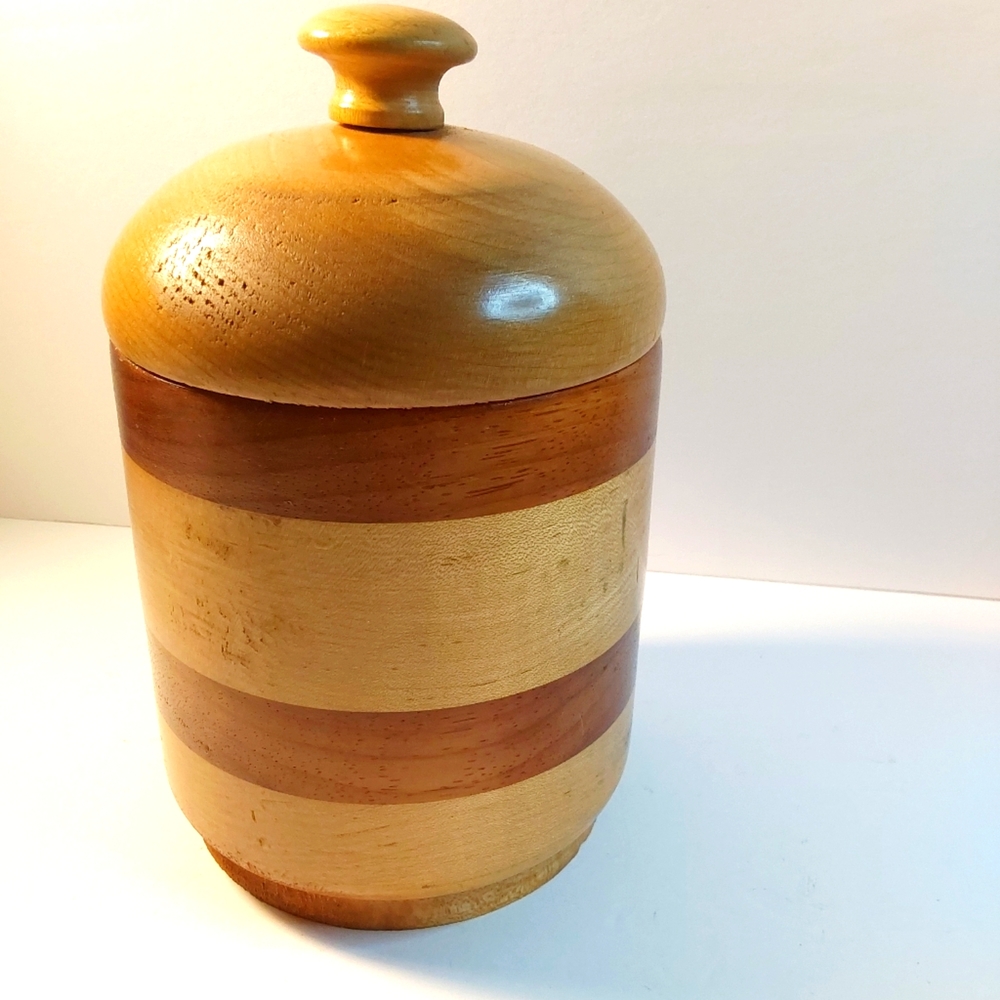 Vintage turned wood barrel Bowl with Lid